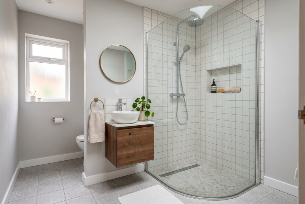 Corner walk in shower ideas for tight bathroom layouts with curved glass enclosure. 