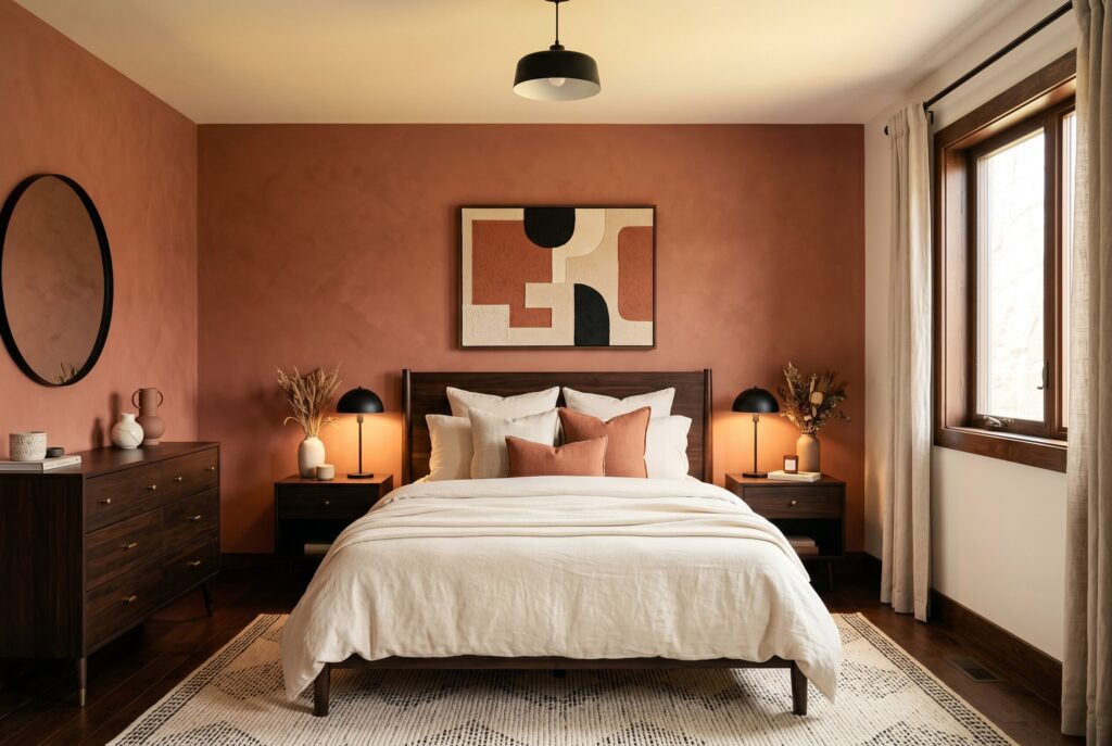 Dusty terracotta bedroom paint with cream bedding, dark wood furniture, and black accents.
