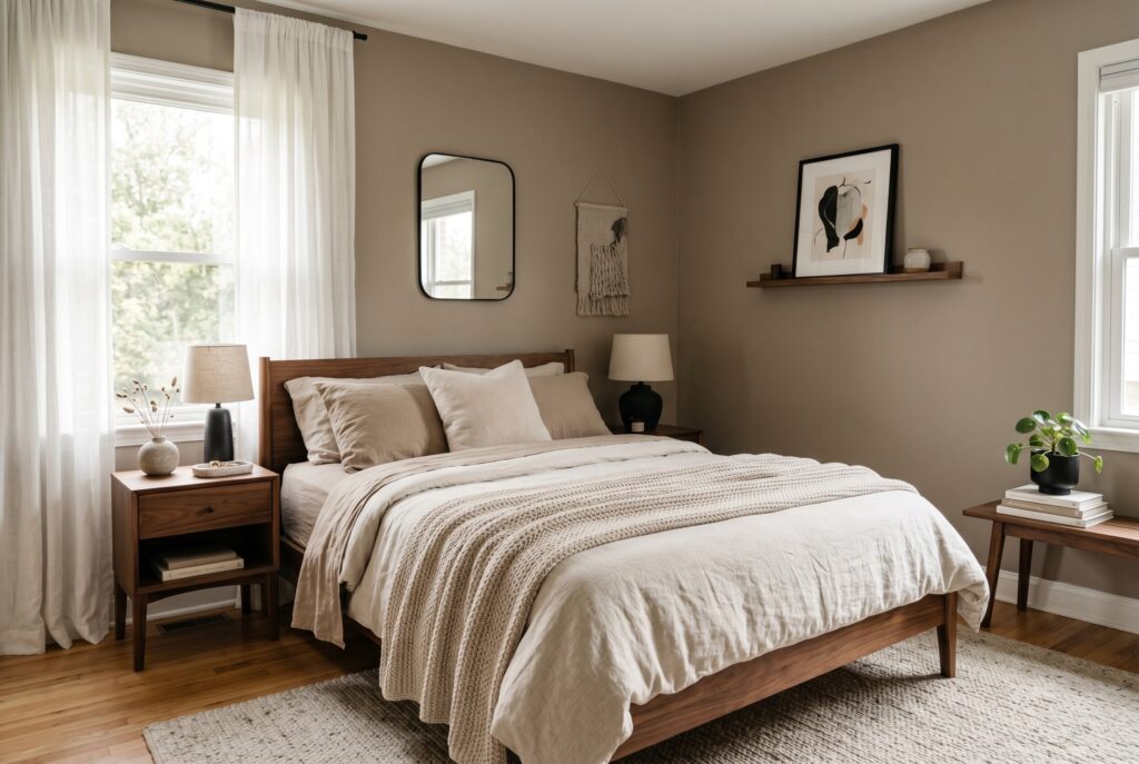 Earthy taupe bedroom paint with walnut bed frame, black accents, and soft neutral decor.