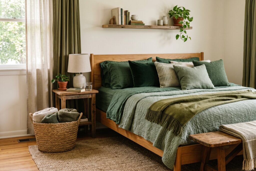 Layered green bedding textures with linen, wool throws, and woven baskets.