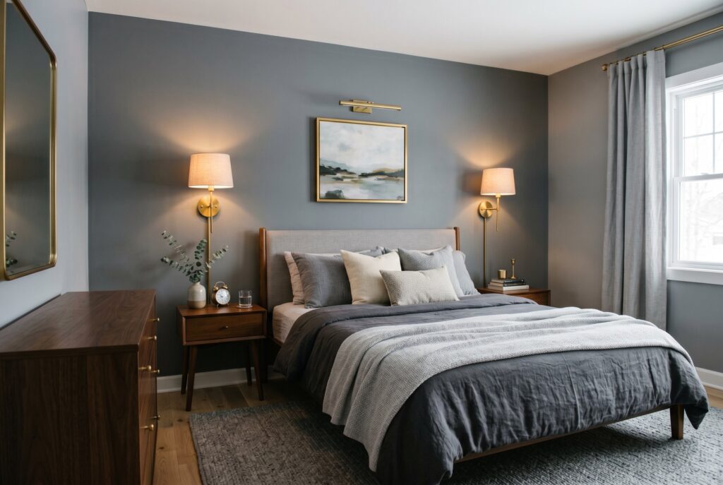 Brushed brass sconces in gray bedroom with warm metallic accents and layered bedding. 