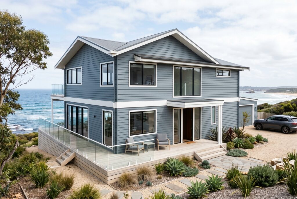 Dusty blue grey coastal exterior house with white trim and seaside modern architecture.