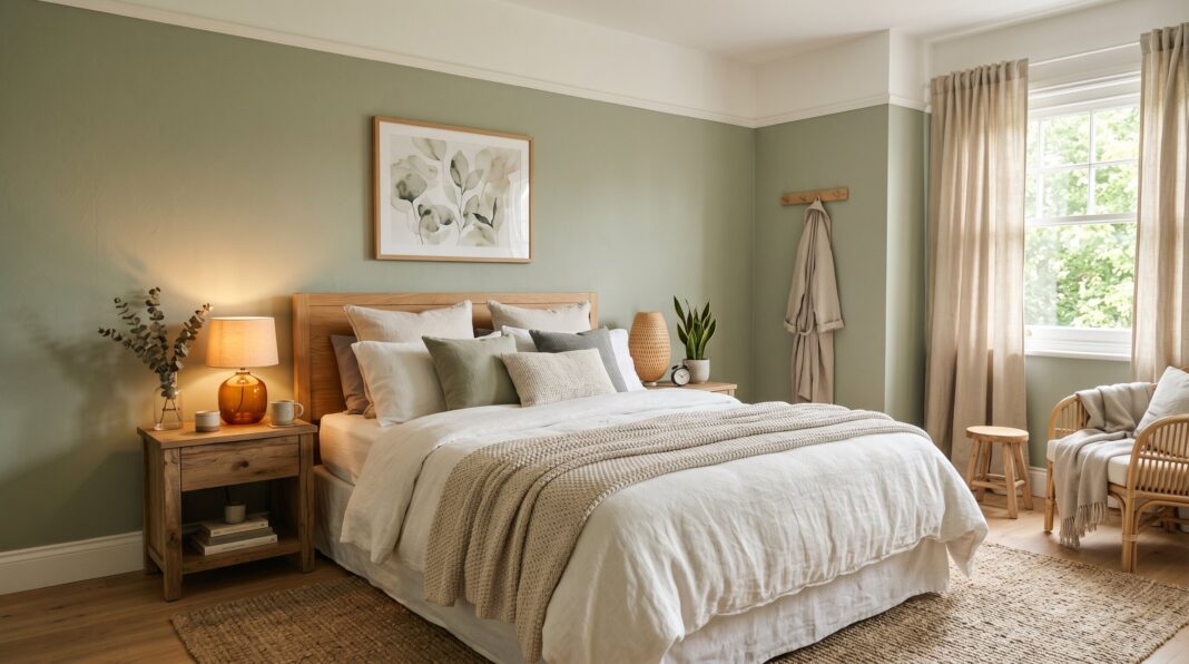 Cozy calm bedroom paint colors with soft sage green walls and warm neutral bedding.