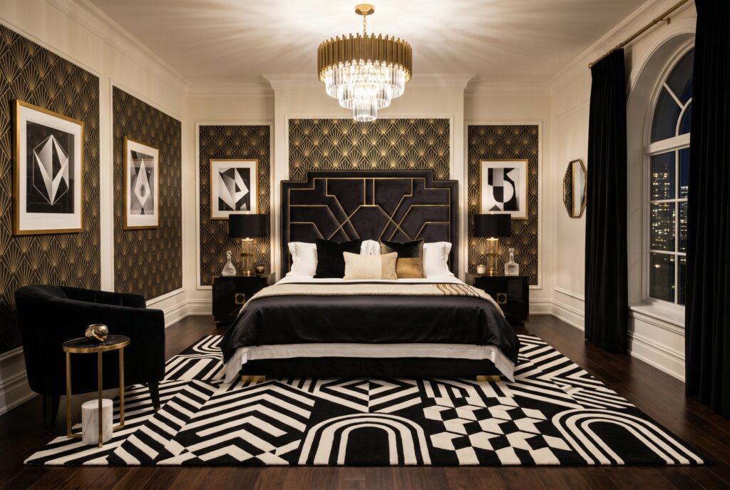 Black and white Art Deco rug with geometric patterns in glamorous bedroom interior design. 