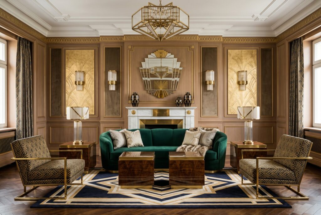Symmetrical Art Deco living room with matching chairs, fireplace, and elegant wall sconces. 