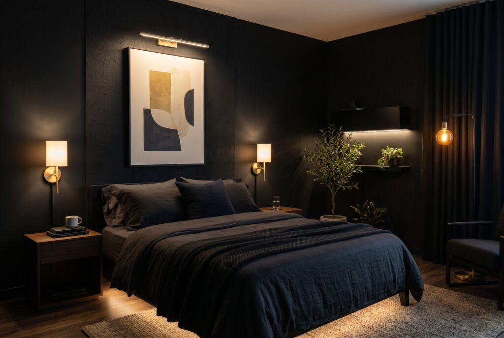 Layered lighting in black bedroom with wall sconces and warm ambient glow.