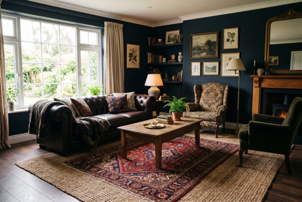 Layered Persian rugs in dark academia living room with fireplace and vintage seating. 