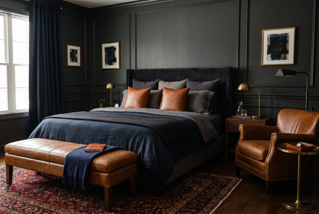 Cognac leather bench and chair in dark bedroom with layered charcoal bedding. 