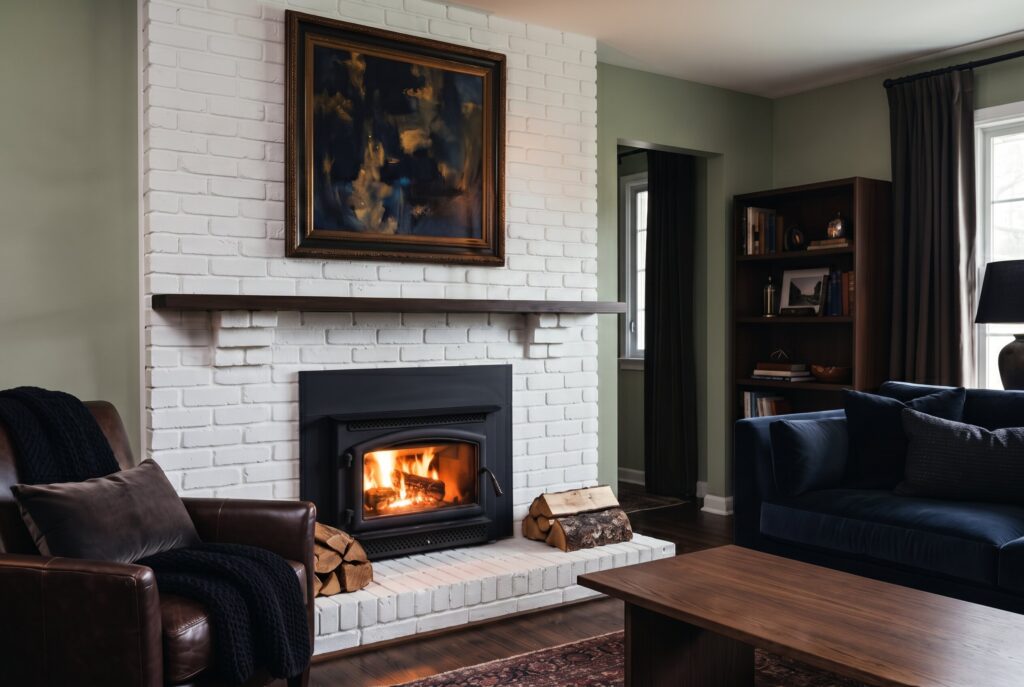 Moody fireplace decor ideas with dark artwork and painted white brick fireplace surround.