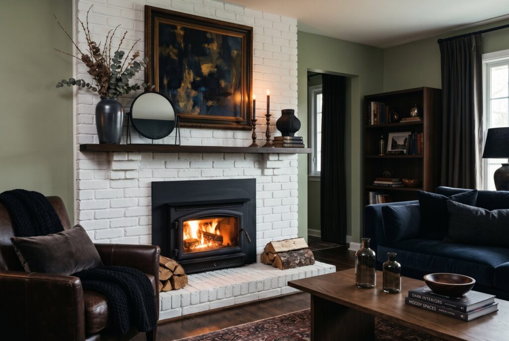 Moody fireplace decor ideas with dark artwork and painted white brick fireplace surround. 