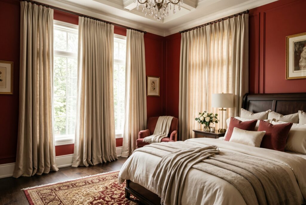 Heavy linen drapes in red bedroom with cream bedding and soft filtered natural light. 
