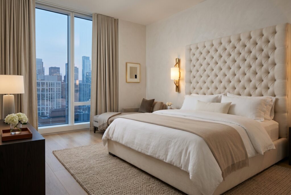 Tufted upholstered headboard in white bedroom with hotel inspired luxury decor.