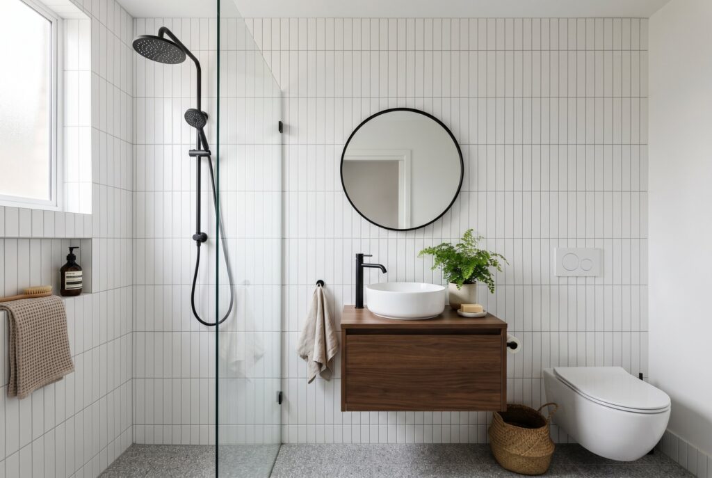 Vertical stacked subway tile ideas with floating wood vanity and minimalist bathroom design. 