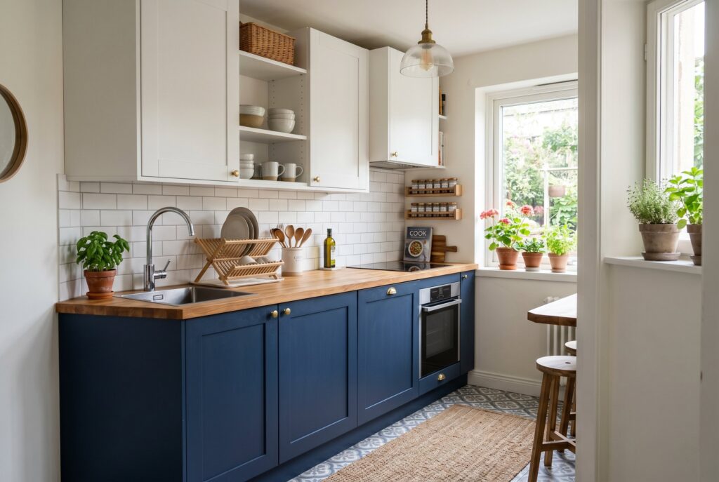 Compact blue and white kitchen with butcher block counters and cozy cottage-style details.
