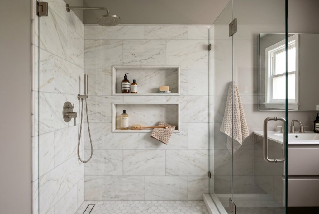 Recessed shower niche ideas with marble tile and frameless walk in shower. 