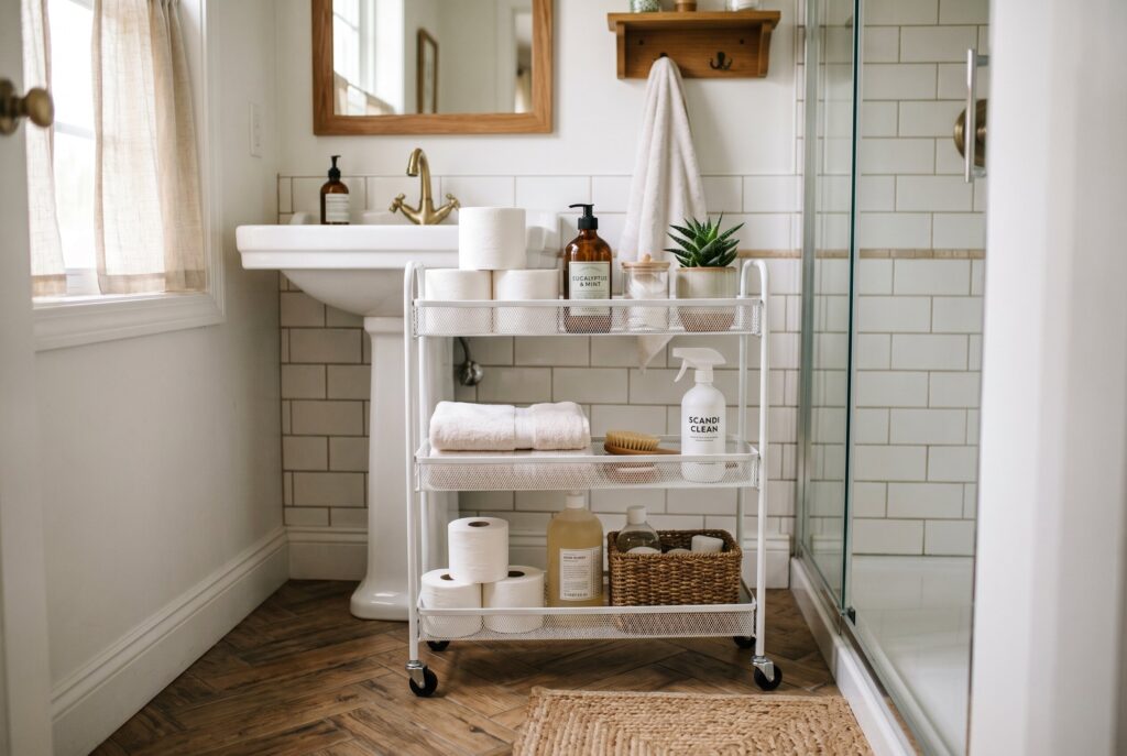 Recessed wall niche toilet paper storage with built in lighting and luxury bathroom design. 