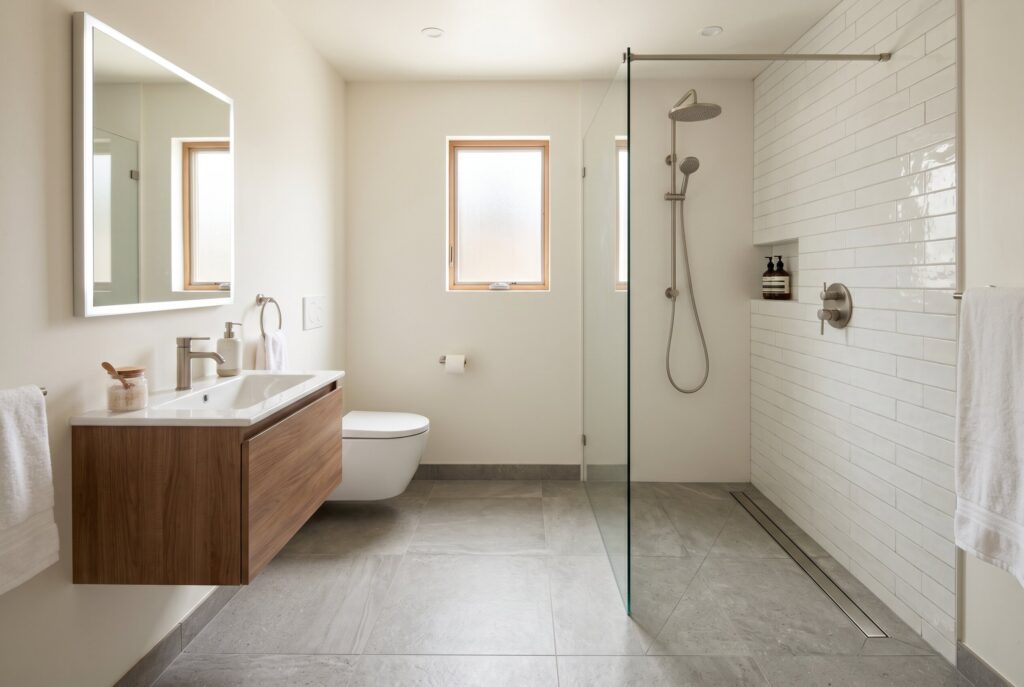 Curbless wet room small bathroom design with seamless floor tile and floating vanity. 