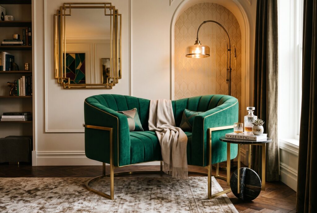 Geometric accent chairs in emerald velvet with brass frames and Art Deco patterns. 