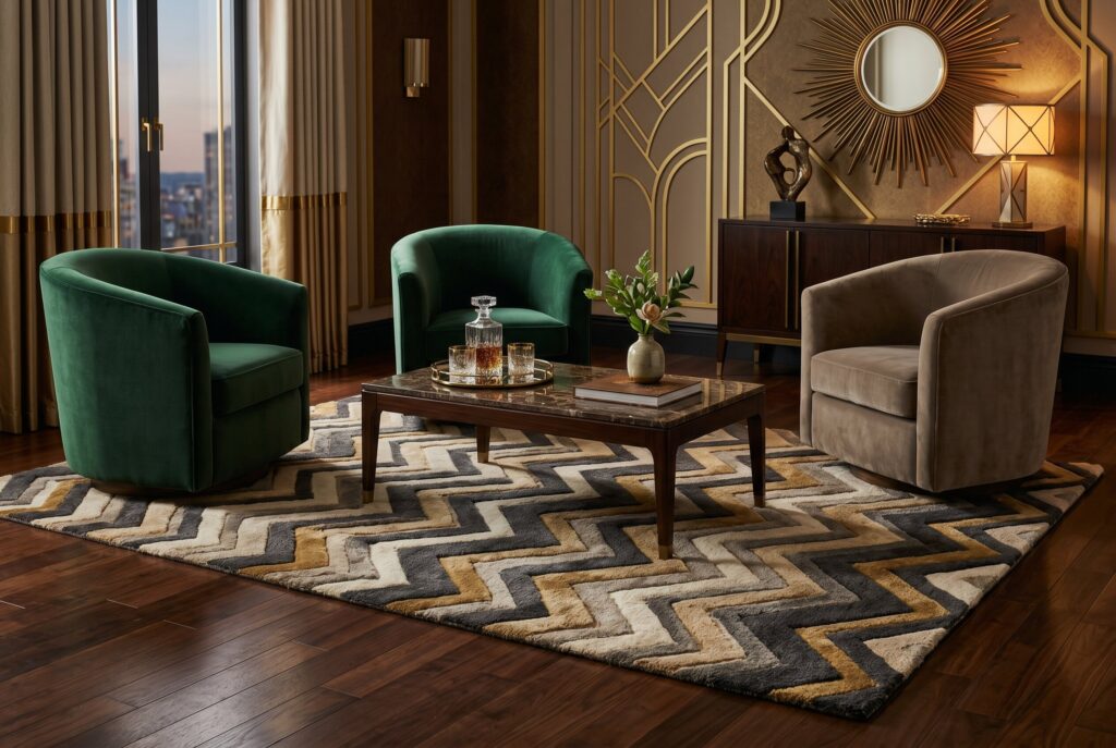 Chevron wool rug with geometric Art Deco patterns under modern curved accent chairs. 