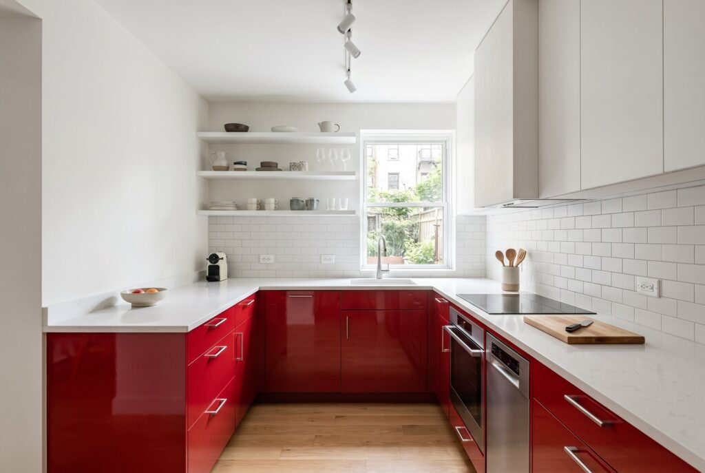 Compact modern kitchen with glossy red cabinets, white subway tile, and minimalist decor. 