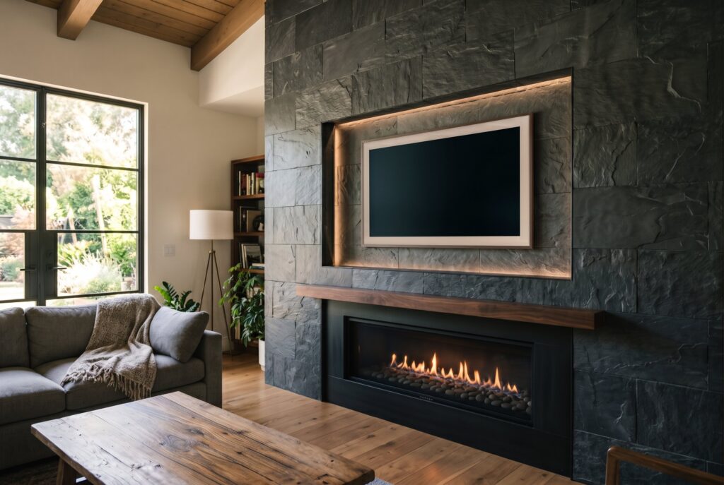 Textured slate stone fireplace wall with recessed TV niche and linear fireplace design.