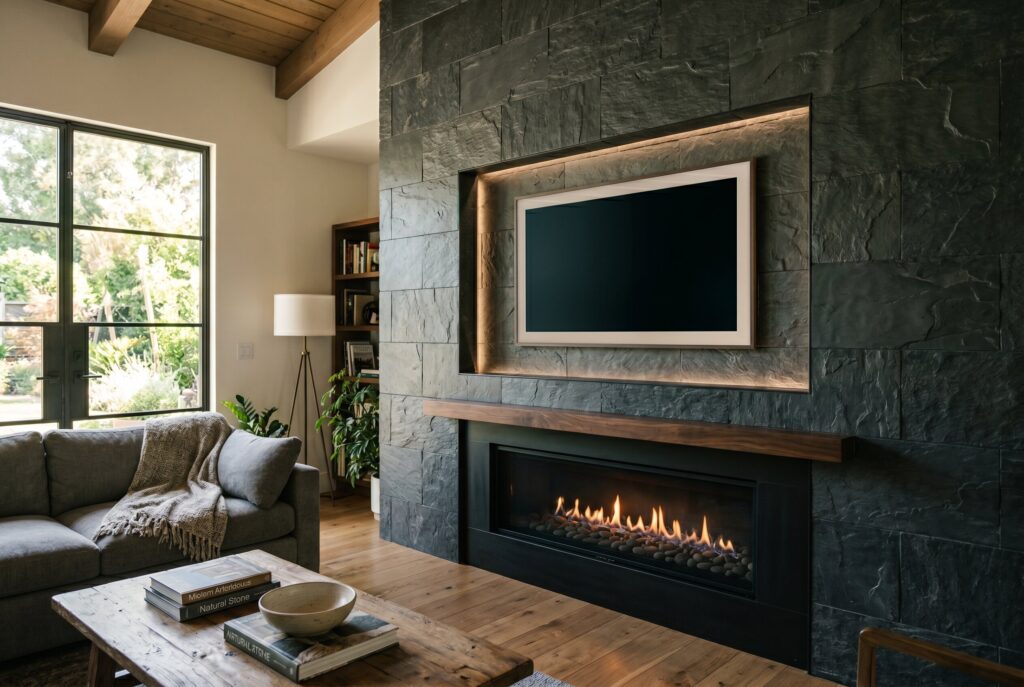 Textured slate stone fireplace wall with recessed TV niche and linear fireplace design.