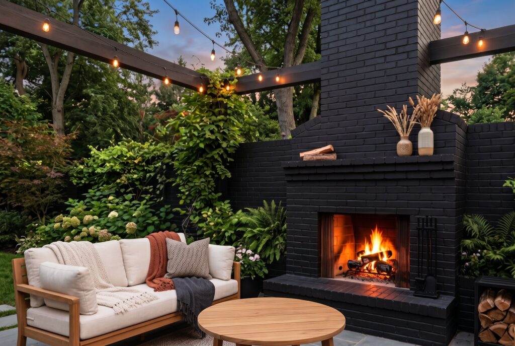Painted black brick patio fireplace with outdoor lounge seating and warm string lights.