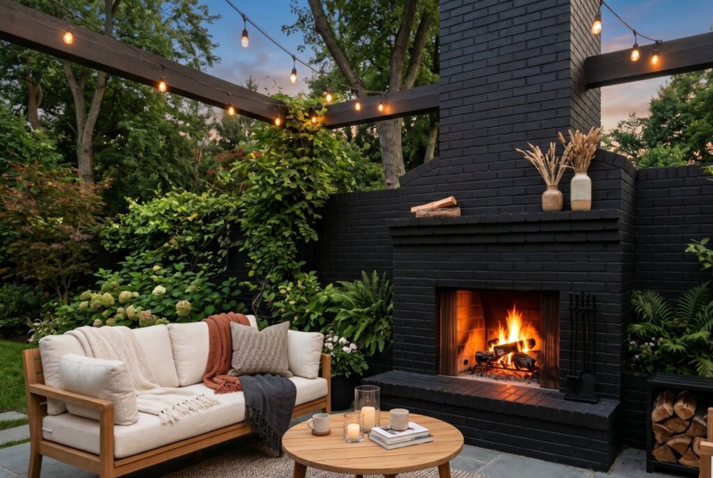Painted black brick patio fireplace with outdoor lounge seating and warm string lights.
