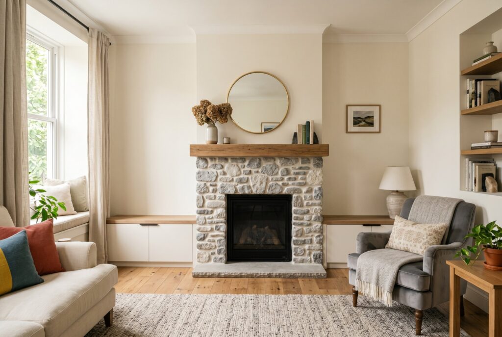 Corner fireplace with hidden storage bench and cozy small living room furniture layout. 