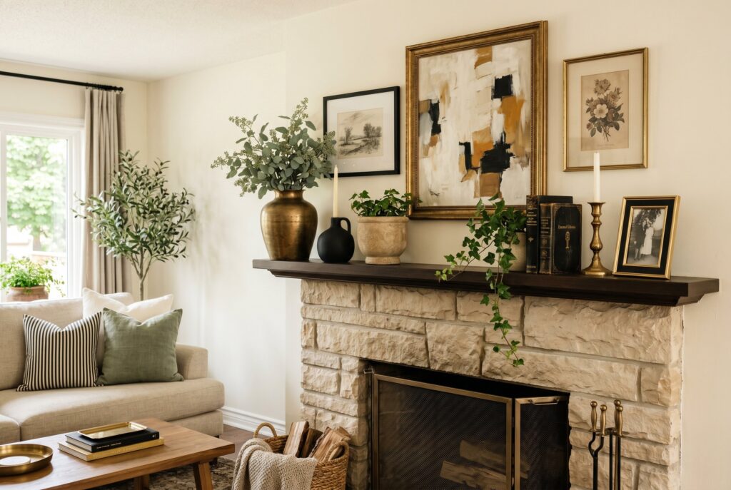 Cohesive fireplace mantel decor ideas with neutral palette, greenery, and stone fireplace. 