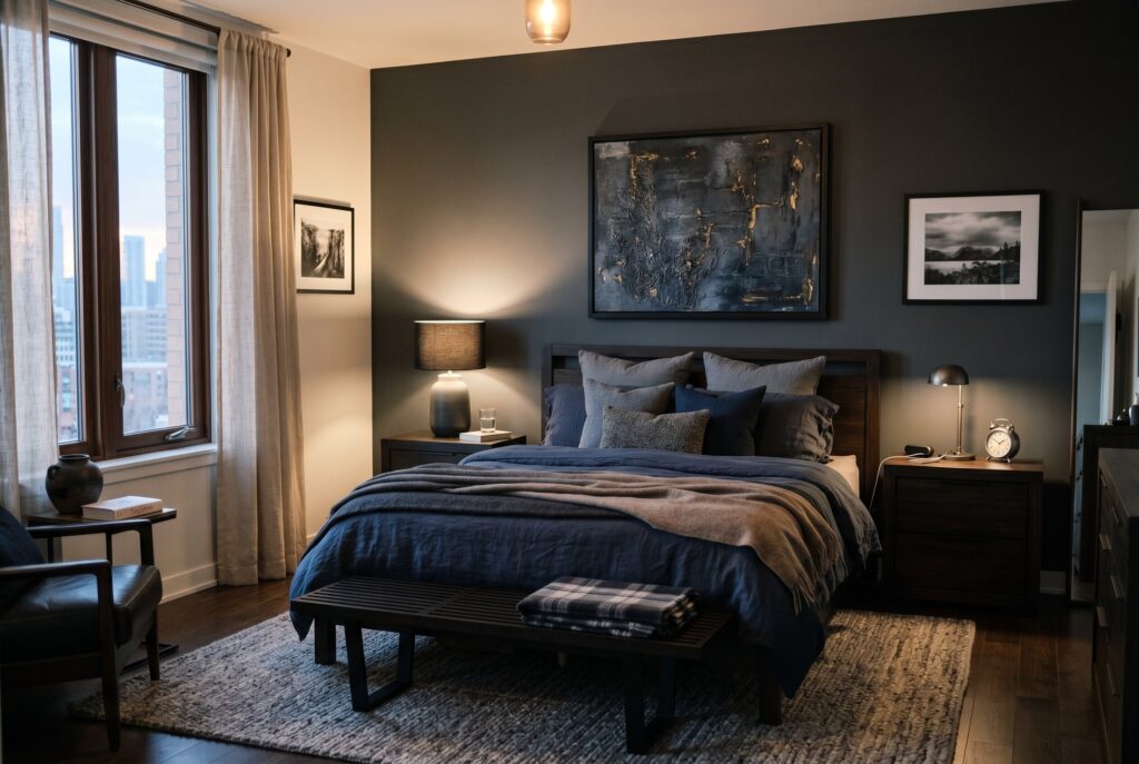 Moody neutral bedroom colors with charcoal walls and modern masculine bedroom decor. 