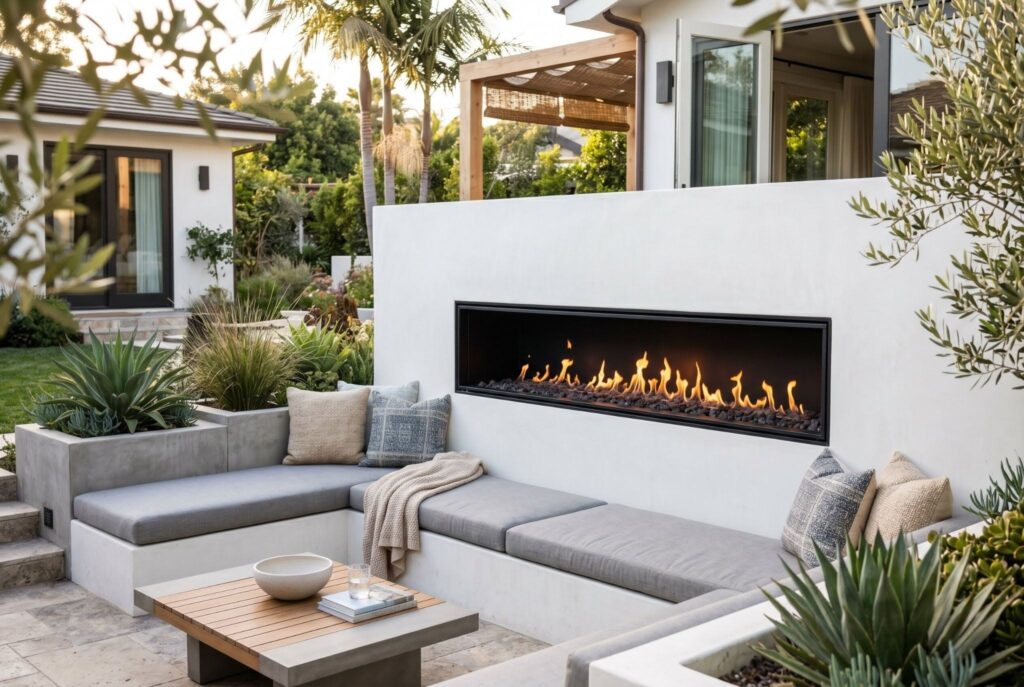 Linear gas outdoor fireplace in smooth stucco wall with modern built in seating.