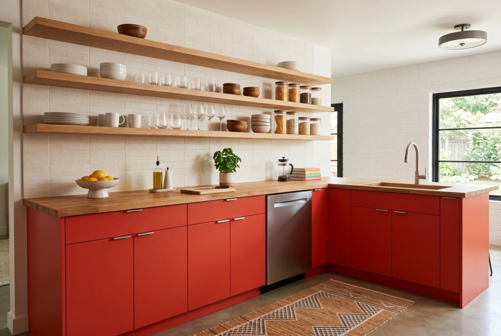 Contemporary kitchen with bright red cabinets, open wood shelving, and warm wood countertops. 