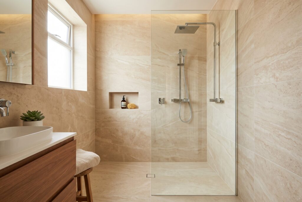 Large format bathroom tile ideas with minimal grout and warm neutral shower design. 