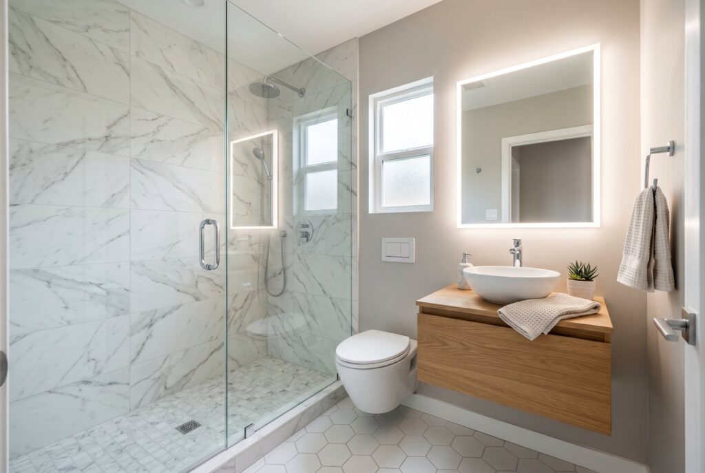 Frameless glass shower remodel ideas with marble tile and floating bathroom vanity. 