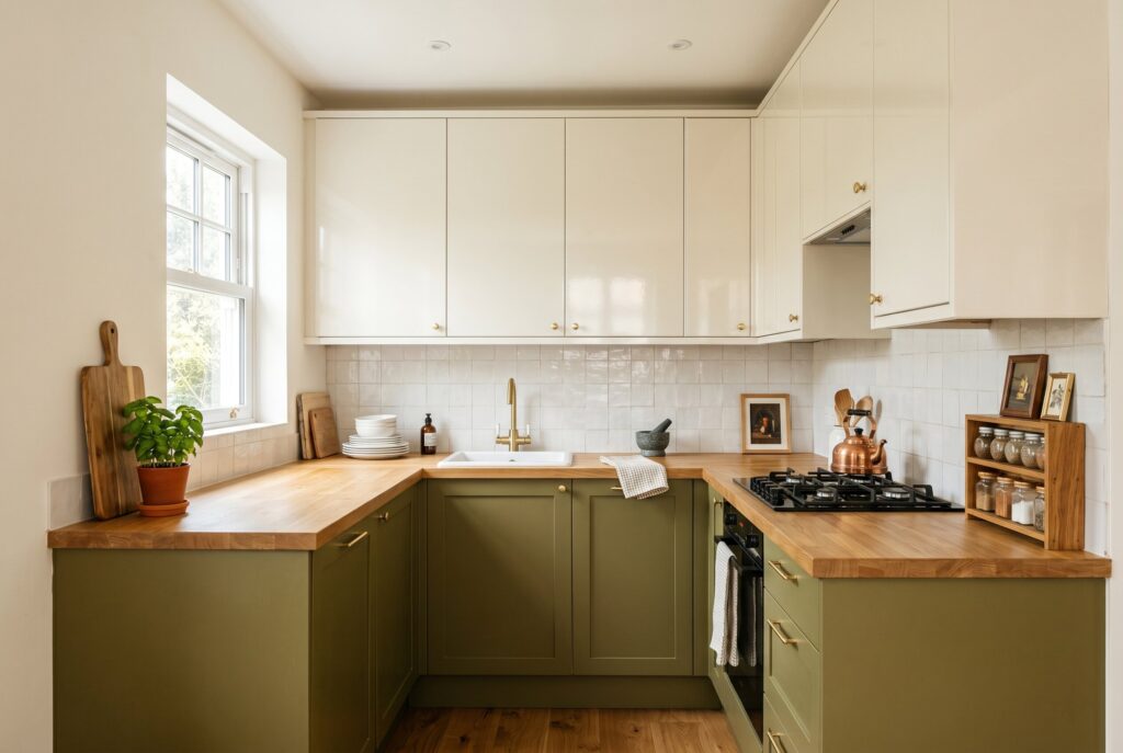Compact olive green kitchen with butcher block counters and minimalist modern styling.
