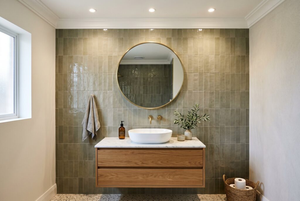 Ceiling height tile behind vanity with round mirror and textured bathroom wall tile. 