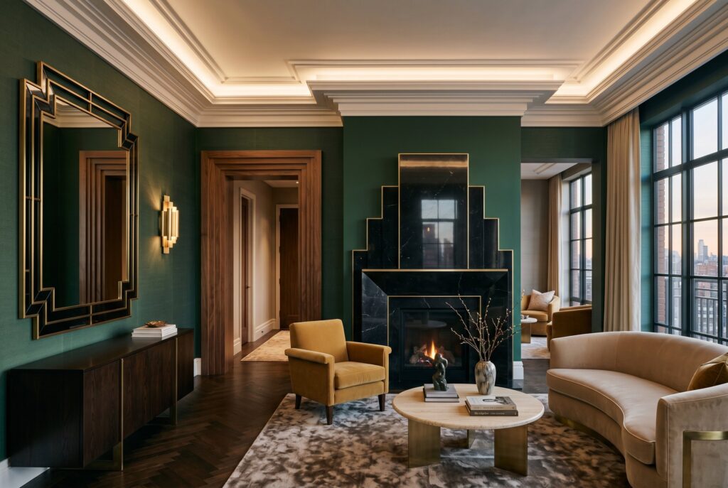Sophisticated Art Deco house interior with stepped fireplace and geometric layered mirrors.
