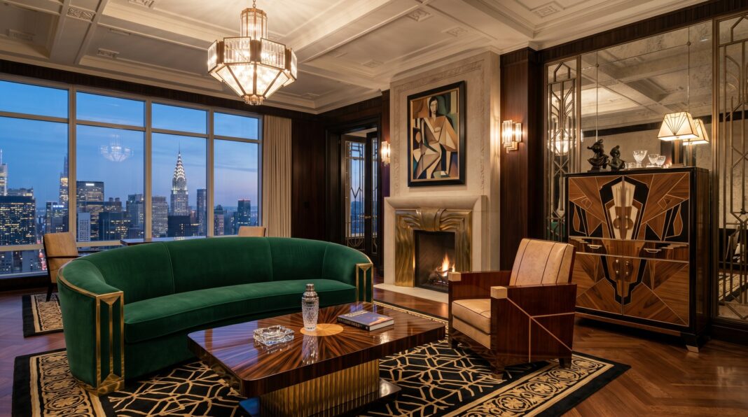 Luxurious Art Deco living room with curved velvet sofa, geometric rug, and brass chandelier lighting.
