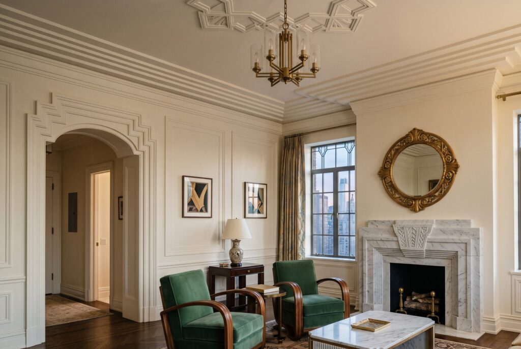 Elegant Art Deco living room with stepped crown molding and marble fireplace surround. 