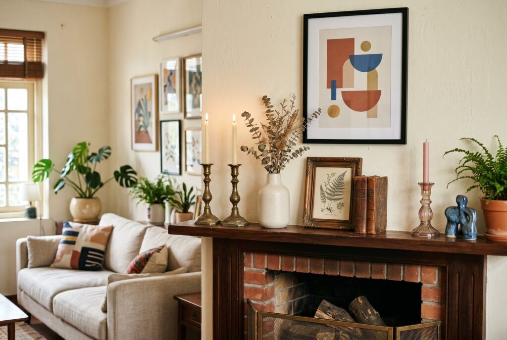 Modern and vintage fireplace mantel decor ideas with layered artwork and antique accents. 