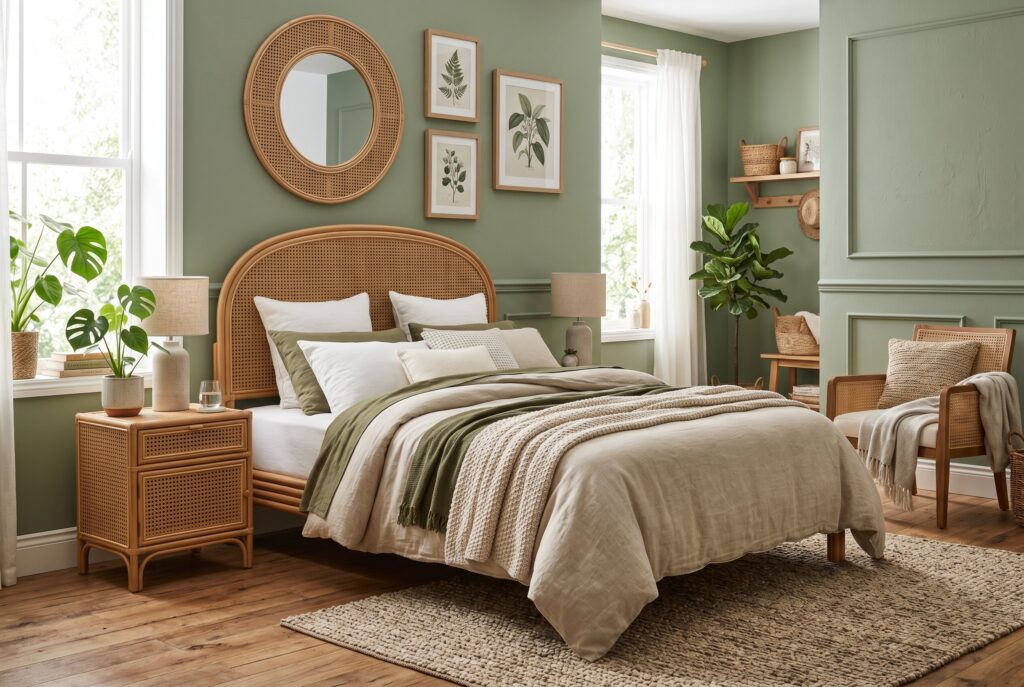 Rattan and cane bedroom furniture with sage green walls and natural decor.