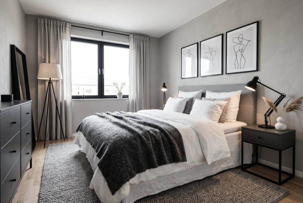 Black and white gray bedroom ideas with minimalist decor and layered neutral textures. 