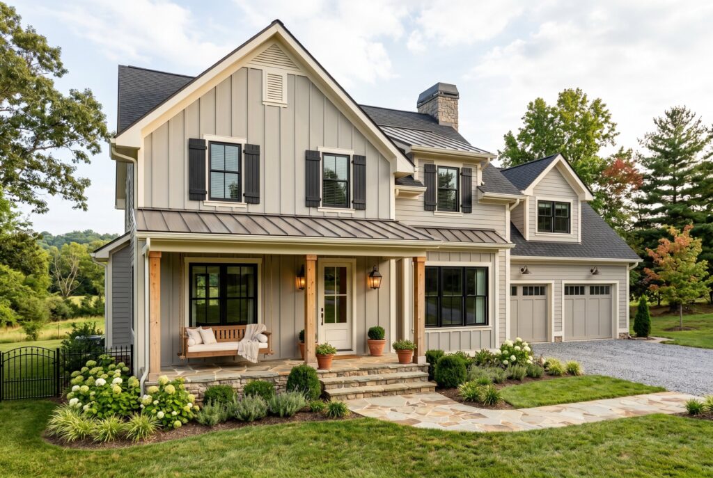 Warm light grey farmhouse exterior with black windows and modern farmhouse curb appeal.