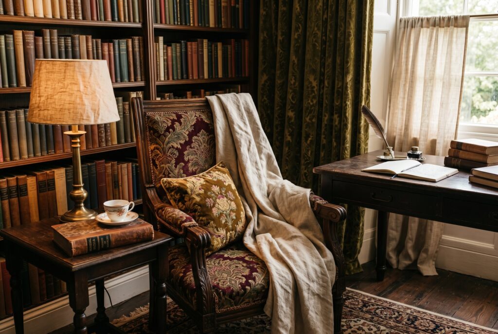 Linen curtains with brocade textiles in dark academia study and layered old world decor. 