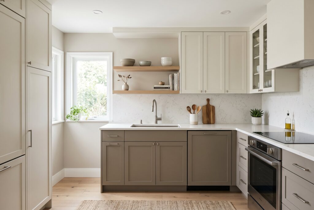 Light and dark greige cabinets in a subtle two tone kitchen with modern finishes.
