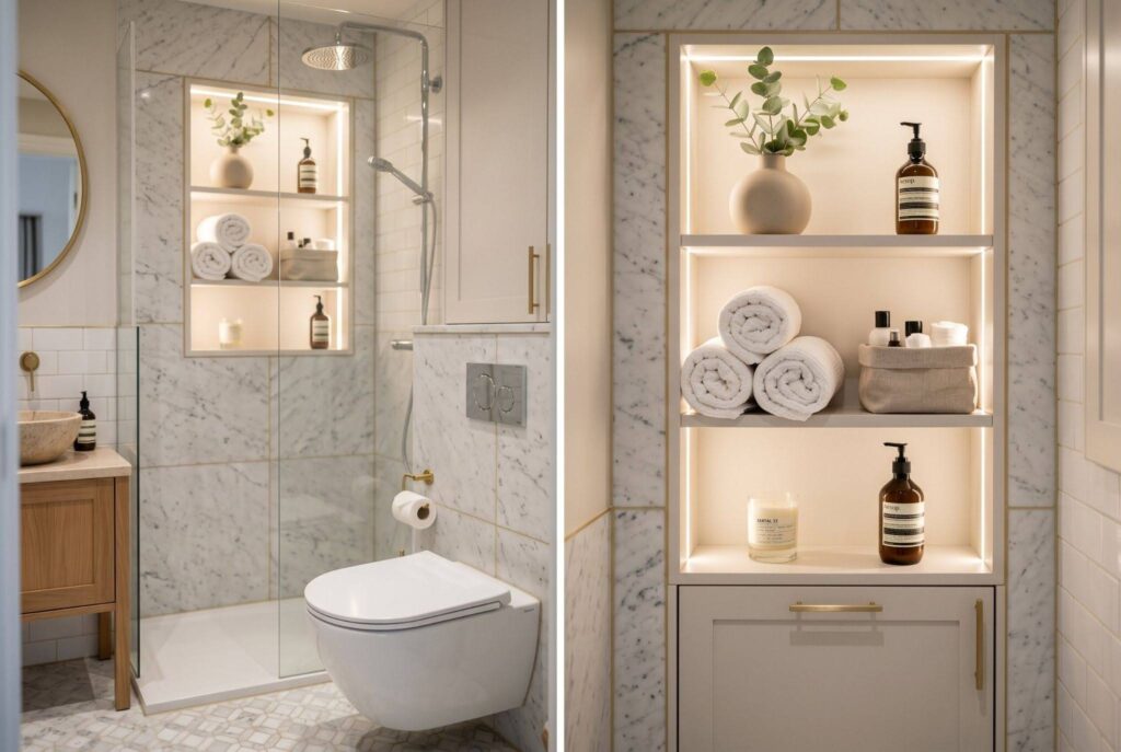 Large bathroom mirror ideas with floating vanity and luxury marble bathroom interior. 