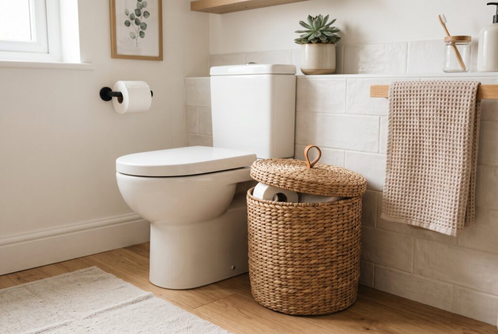 Lidded toilet paper basket with woven rattan texture beside modern bathroom toilet design. 