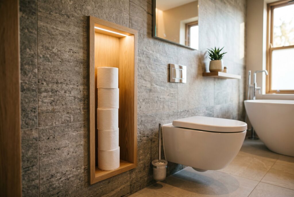 Decorative ladder shelf bathroom storage with baskets, towels, and toilet paper organization. 