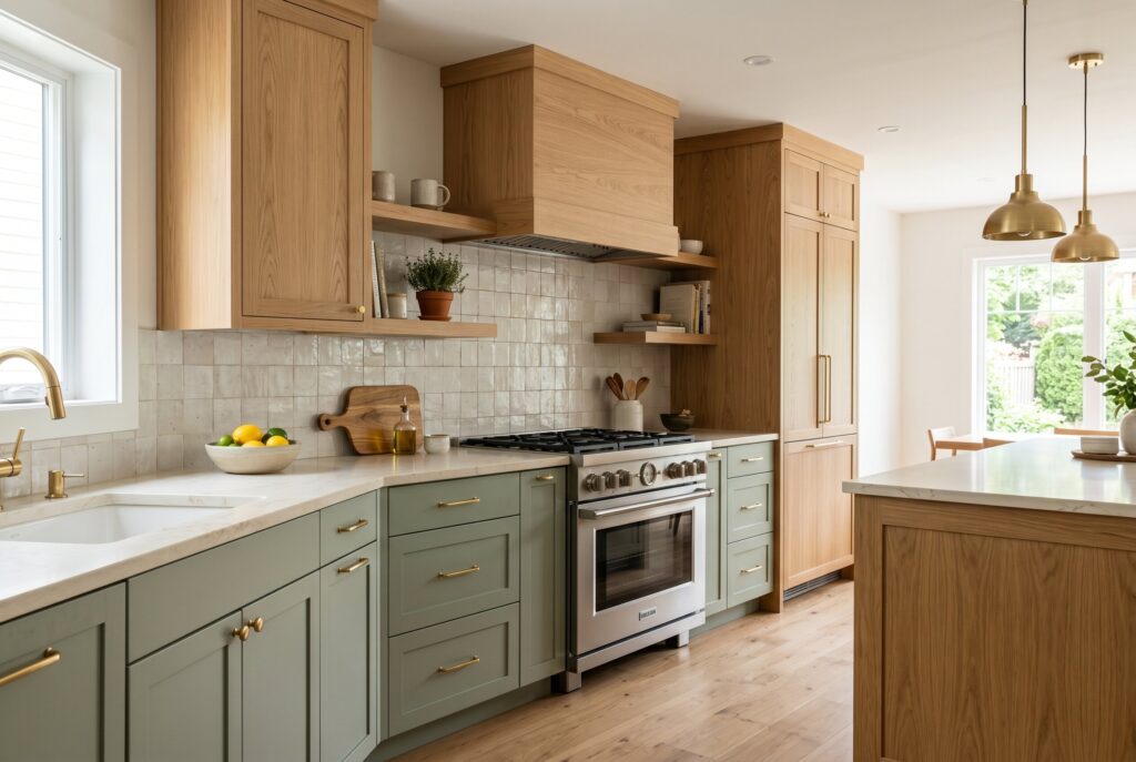 White oak and sage green cabinets in a bright kitchen with brass lighting and warm wood tones.